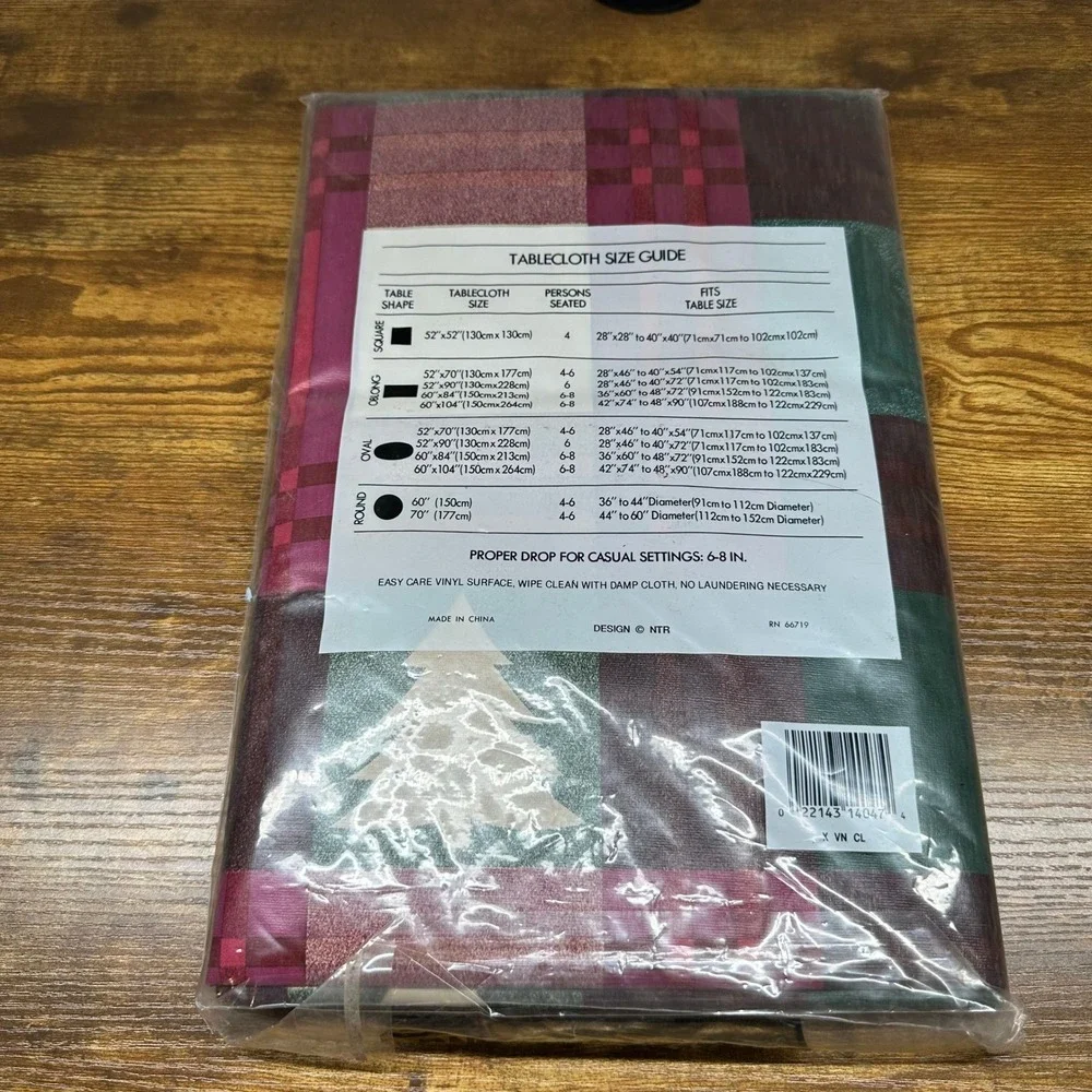 Family Home Holiday Tablecloth 52x70 Oblong Vinyl Christmas Tree Plaid Burgundy